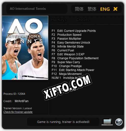 AO International Tennis: ТРЕЙНЕР И ЧИТЫ (V1.0.18)