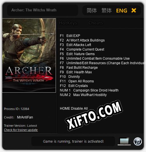 Трейнер для Archer: The Witchs Wrath [v1.0.7]