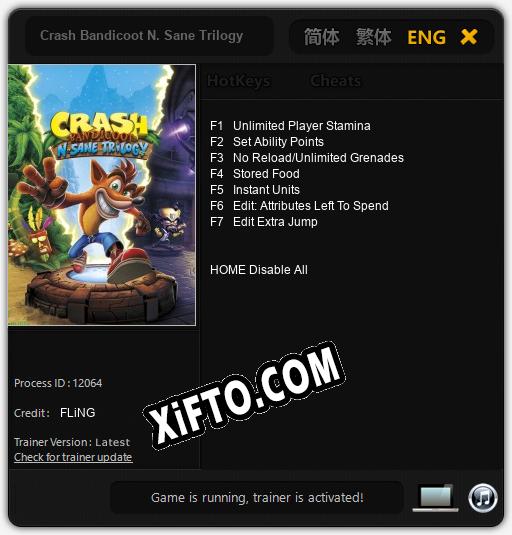 Трейнер для Crash Bandicoot N. Sane Trilogy [v1.0.1]