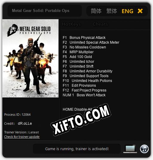 Трейнер для Metal Gear Solid: Portable Ops [v1.0.7]