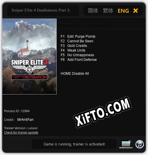 Трейнер для Sniper Elite 4 Deathstorm Part 3: Obliteration [v1.0.8]